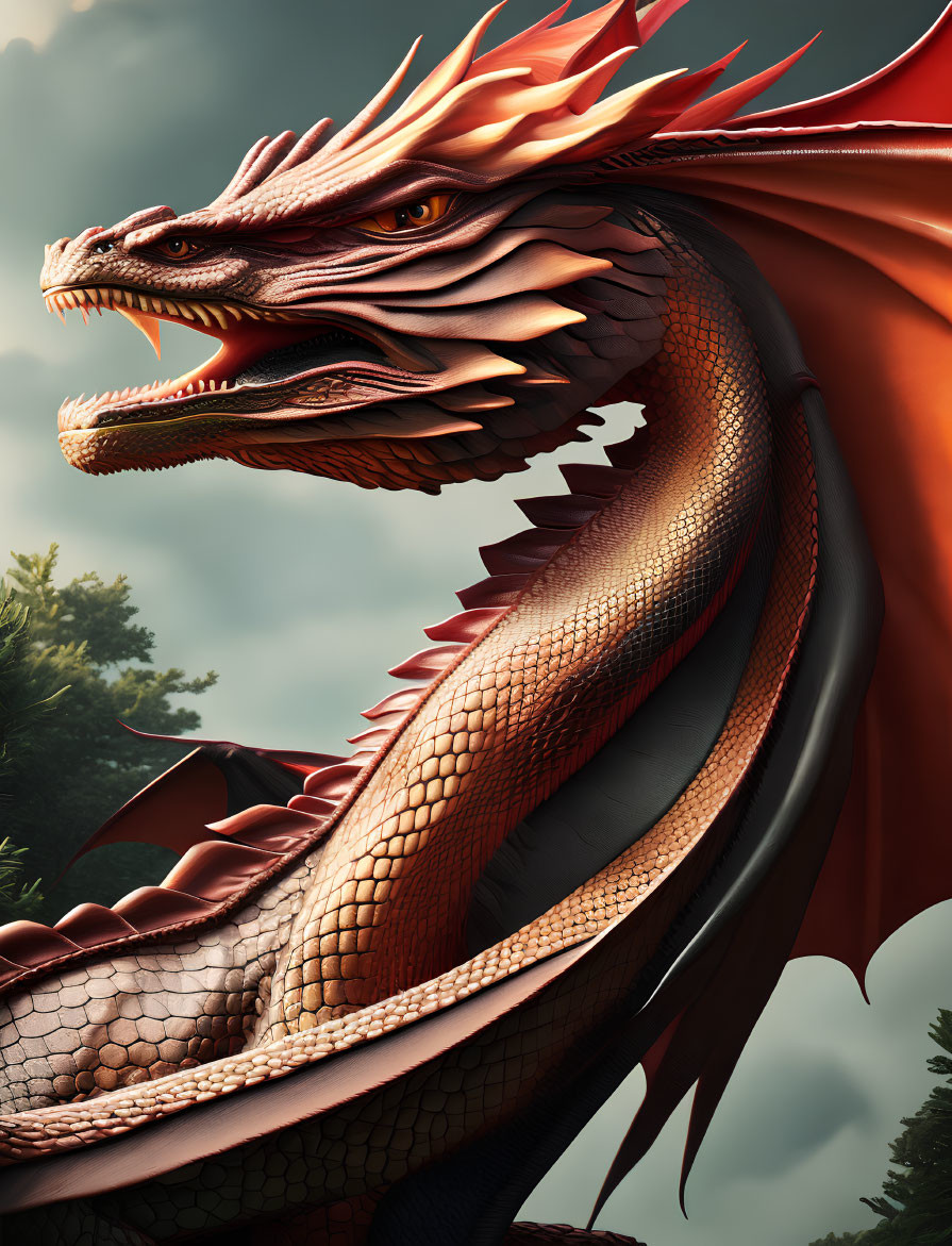 Majestic red dragon with golden spikes in forest setting