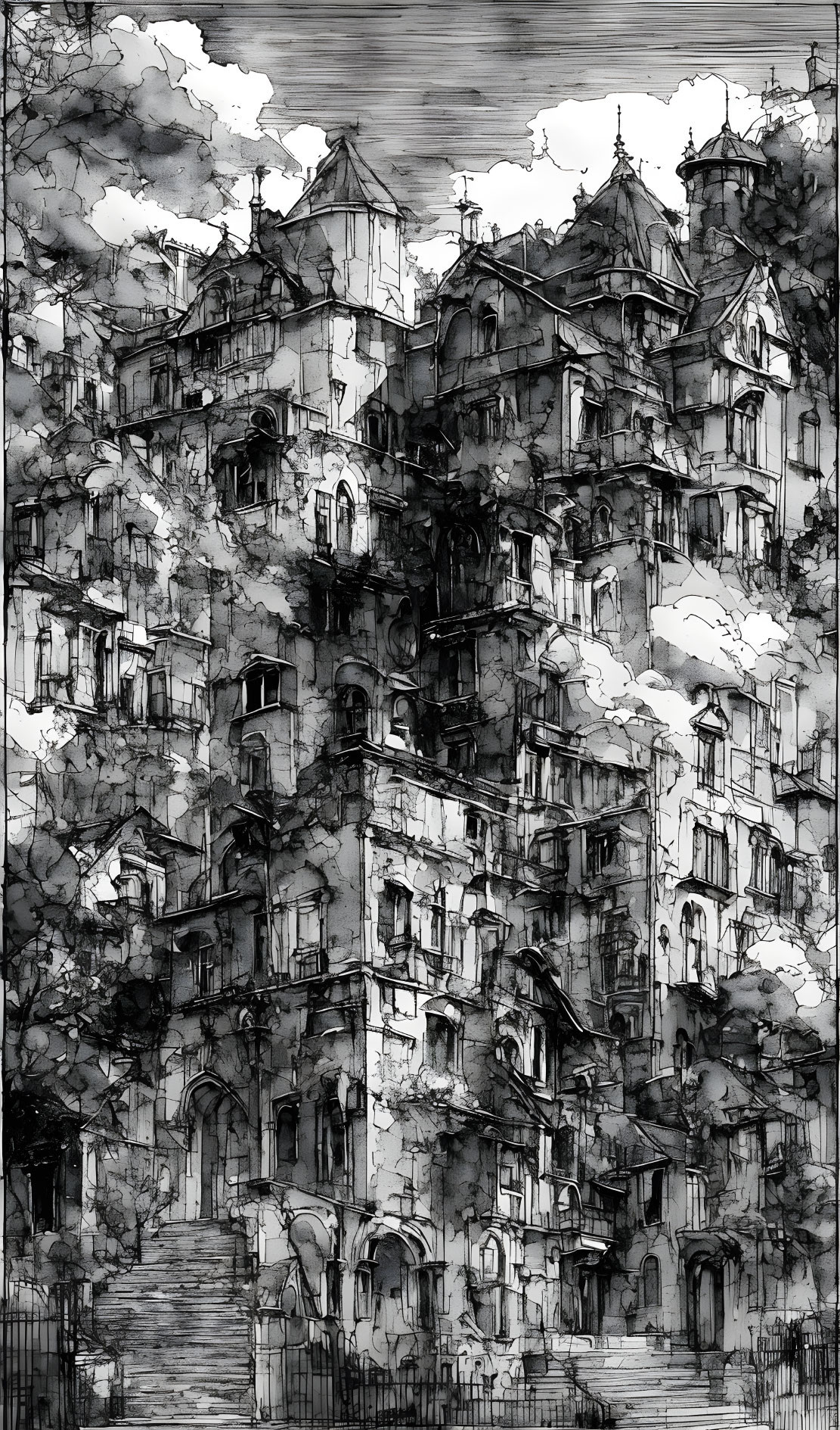 Detailed Monochrome Gothic Cityscape Sketch Under Cloudy Sky