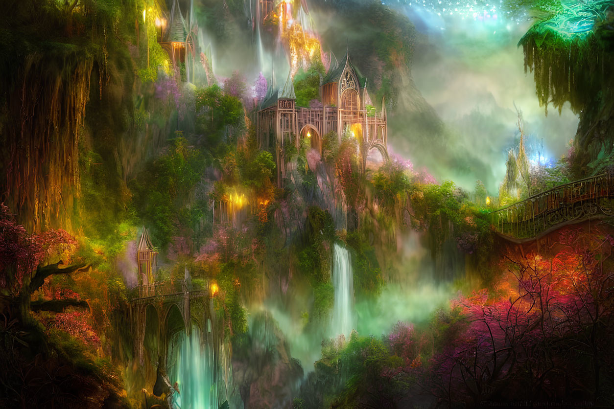 Fantasy Landscape with Waterfalls, Greenery, and Enchanting Castles