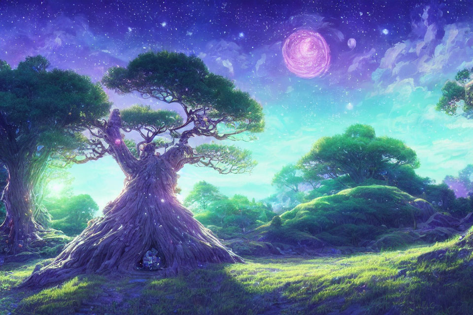 Majestic tree in fantastical landscape under vibrant purple galaxy