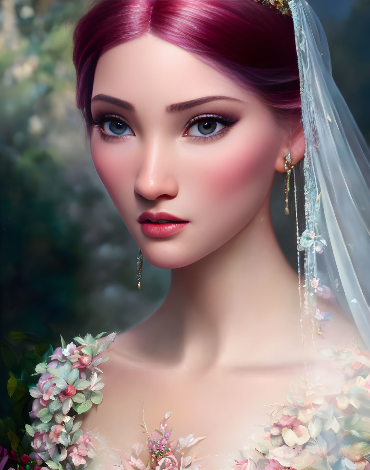 Woman with Violet Hair in Bridal Gown and Veil with Floral Accessories