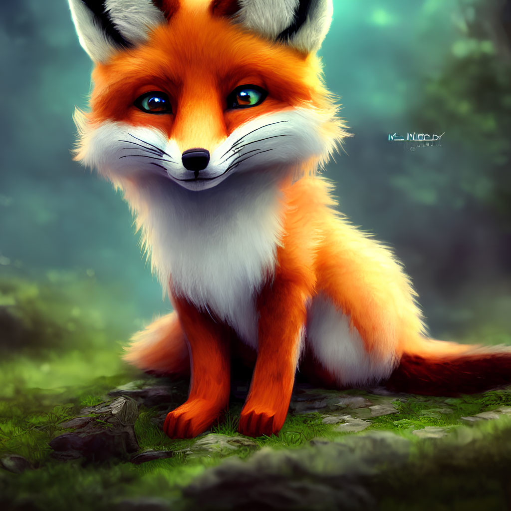 Colorful illustration of red fox with blue eyes in forest setting