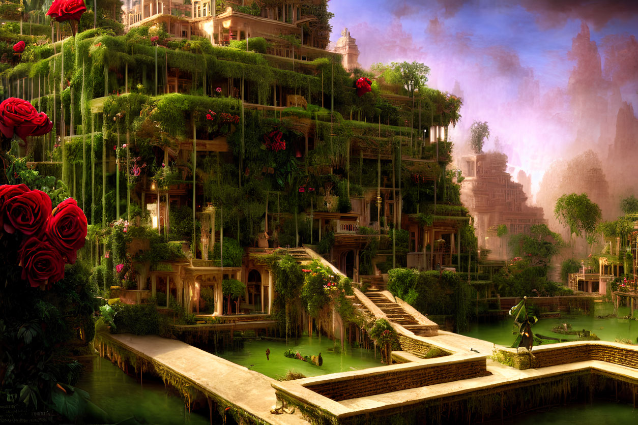 Fantasy garden with vine-draped architecture, red roses, waterways, and mystical statue