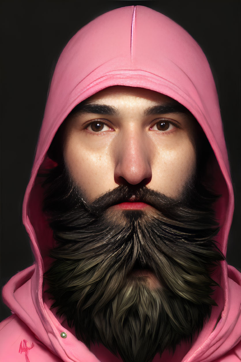 Serious man with thick beard in pink hoodie on black background