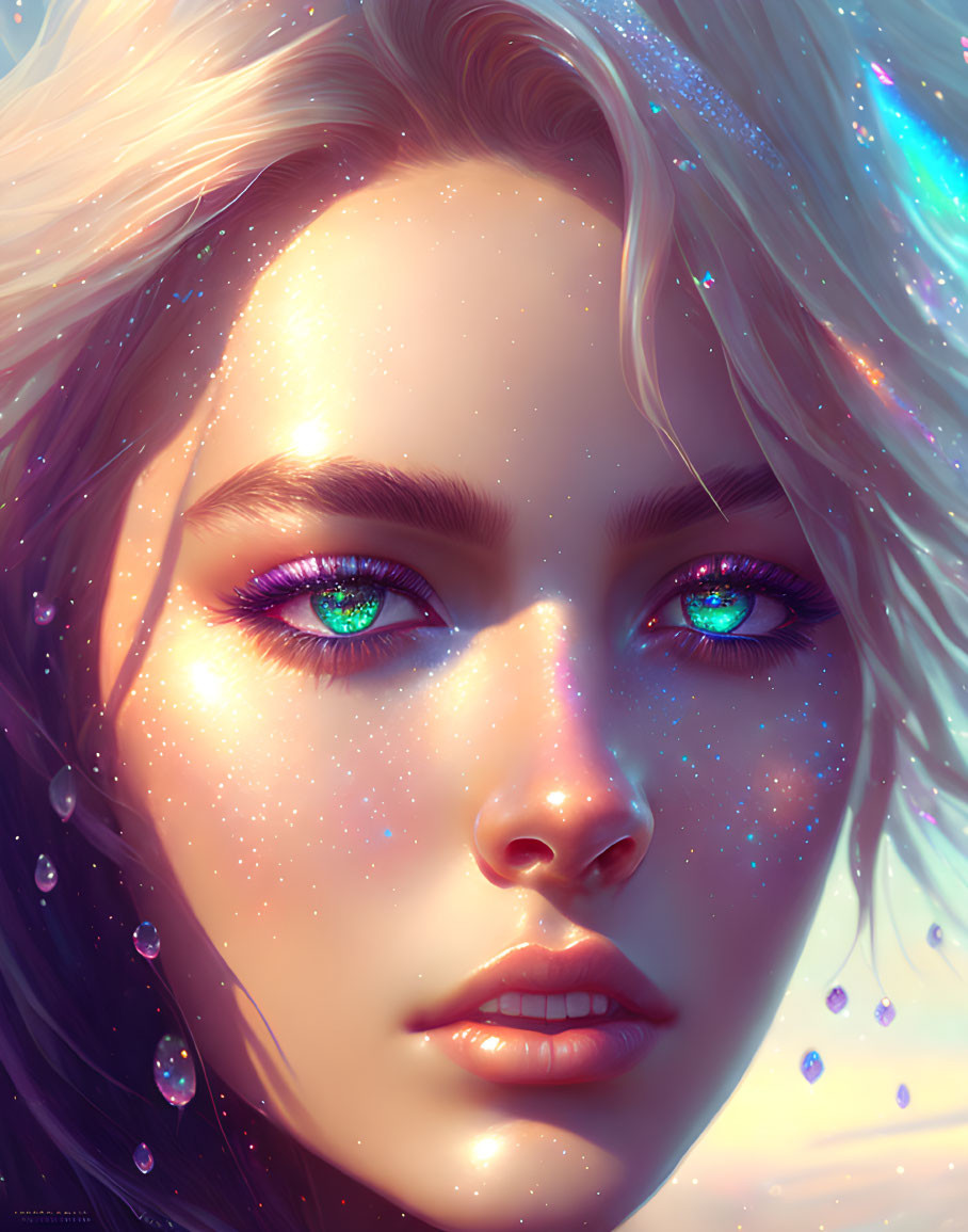 Digital artwork featuring woman with striking blue eyes and ethereal glows.