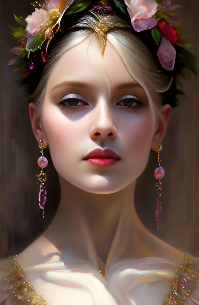 Floral headpiece woman with dramatic makeup and long earrings portrait