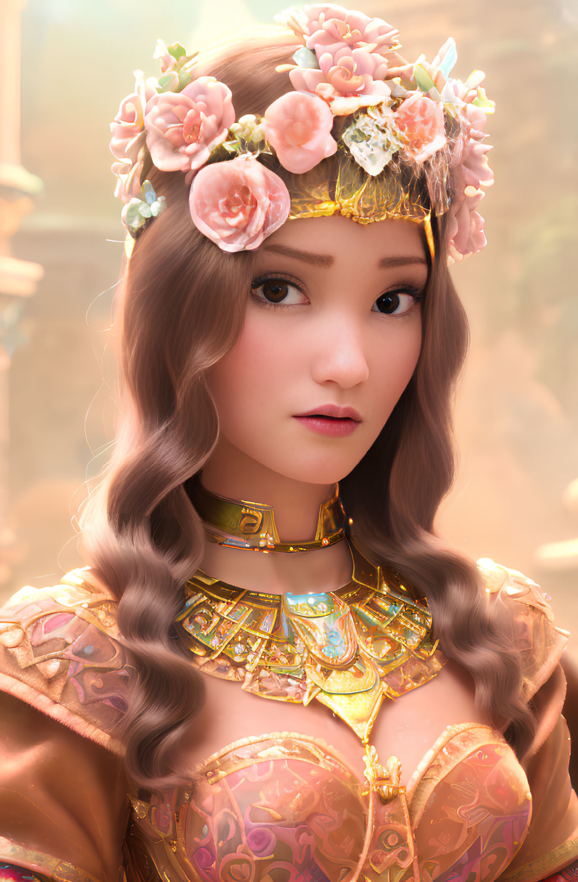 Animated female character with floral crown and ornate gold armor on warm background