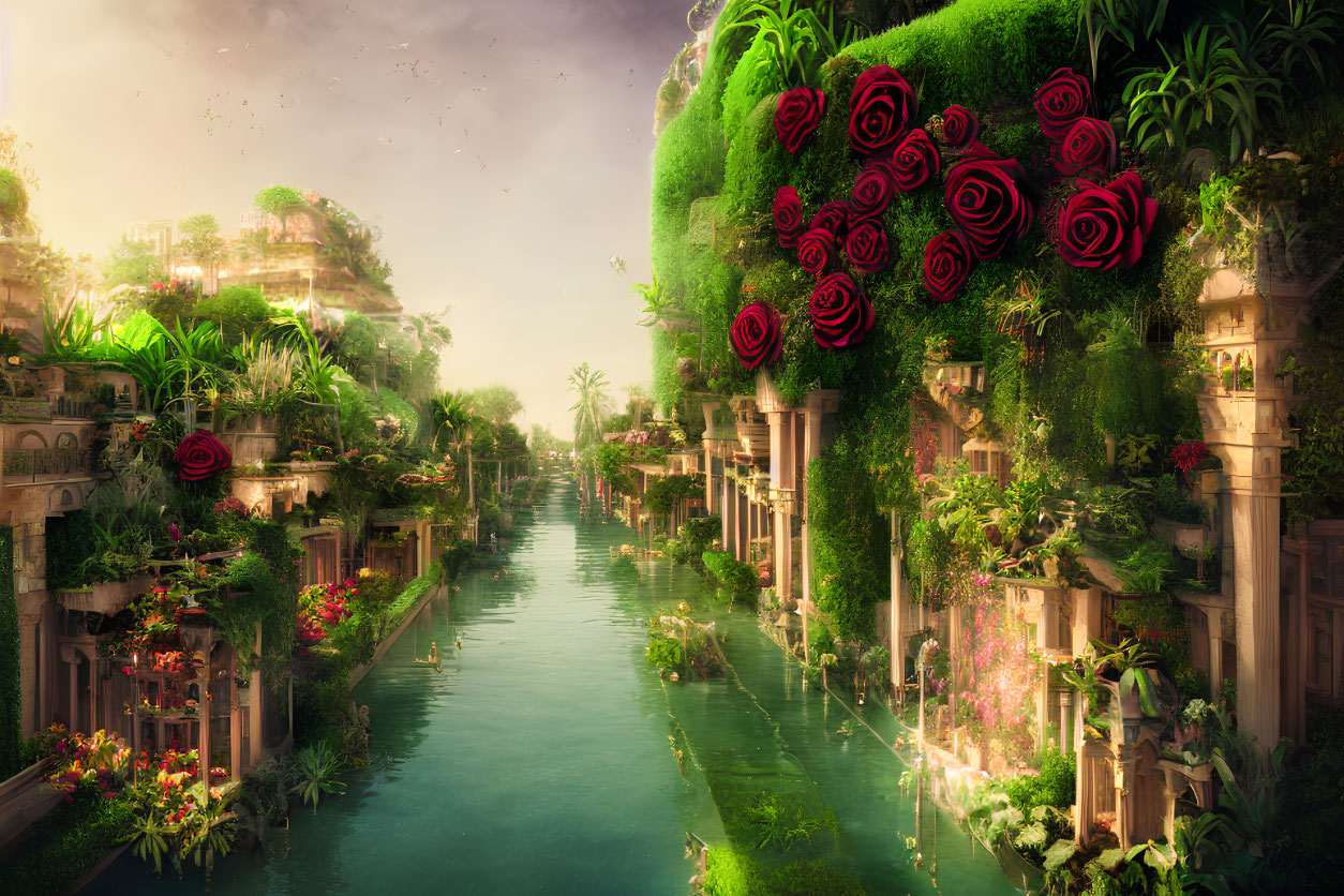 Ruined city with vibrant flora and flowing river