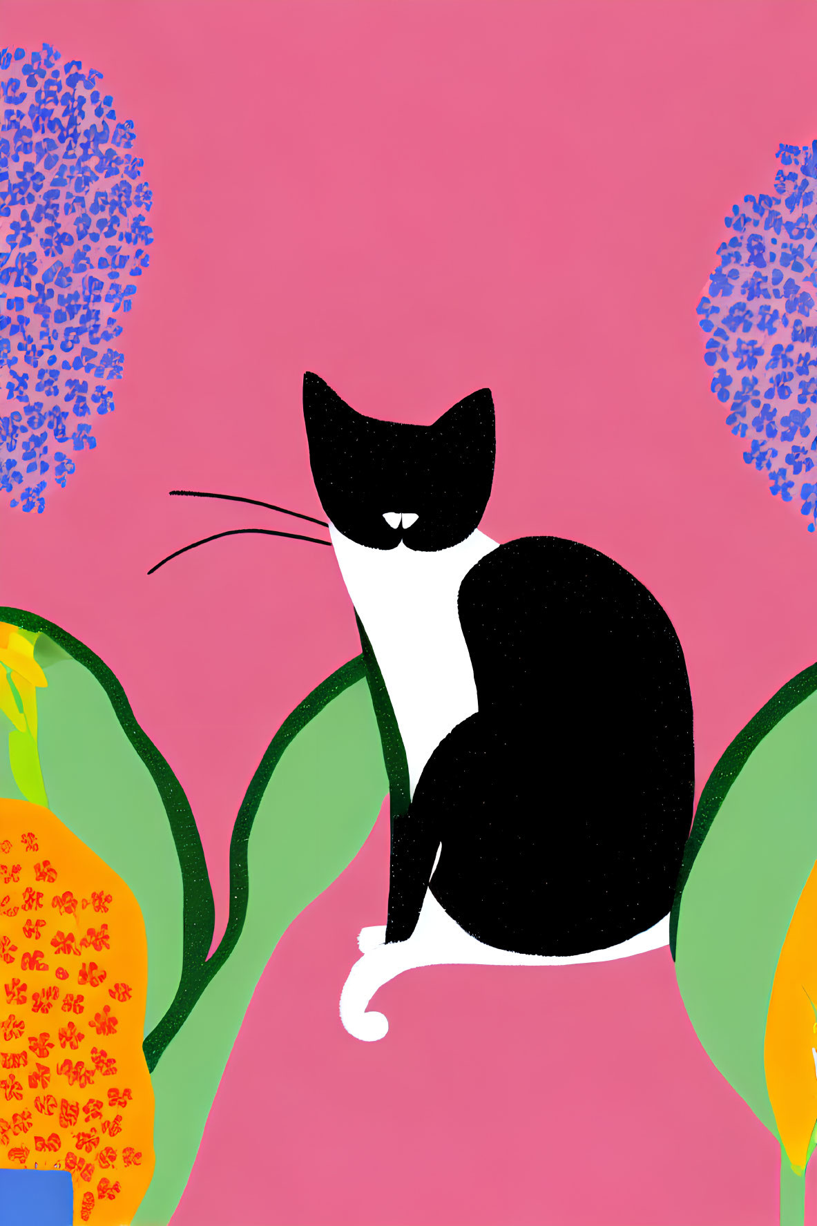 Stylized black and white cat among colorful plants on pink background