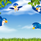 Birds in Mid-Flight Against Serene Sky with Upside-Down Foliage