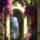 Sunlit Corridor Overgrown with Wisteria and Mountain View