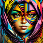 Colorful digital artwork: Woman's face merges with abstract animalistic features, bold stripes.