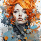 Digital artwork: Two female faces with futuristic cityscape in orange and blue hair