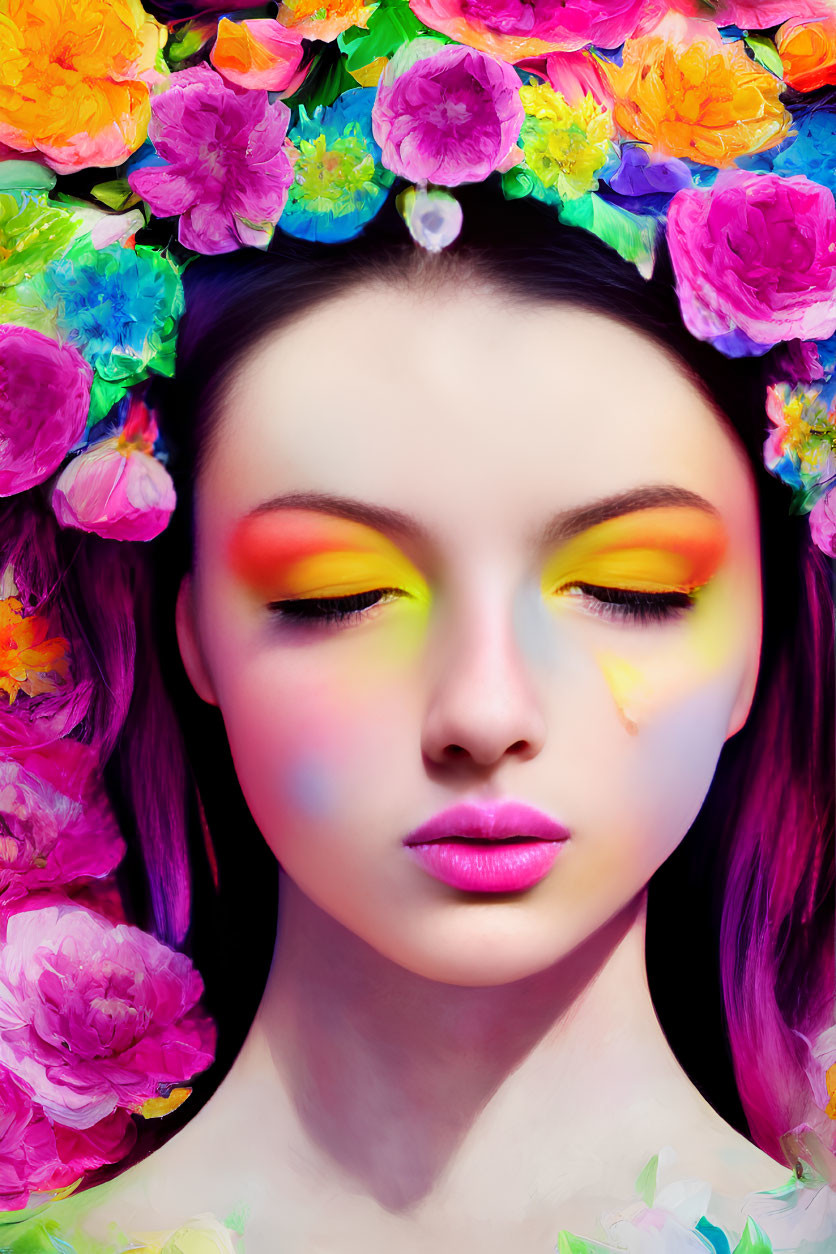 Colorful Eye Makeup and Floral Crown on Serene Person Against Neutral Background