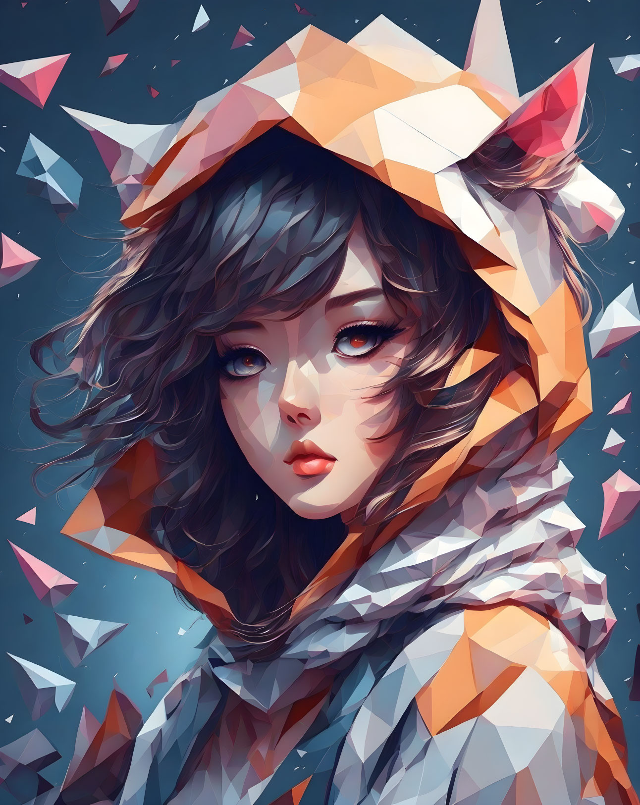 Illustrated girl with large eyes in fox hood on starry background