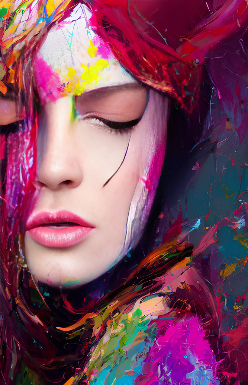 Colorful Paint Streaks Adorn Woman's Dreamy Portrait