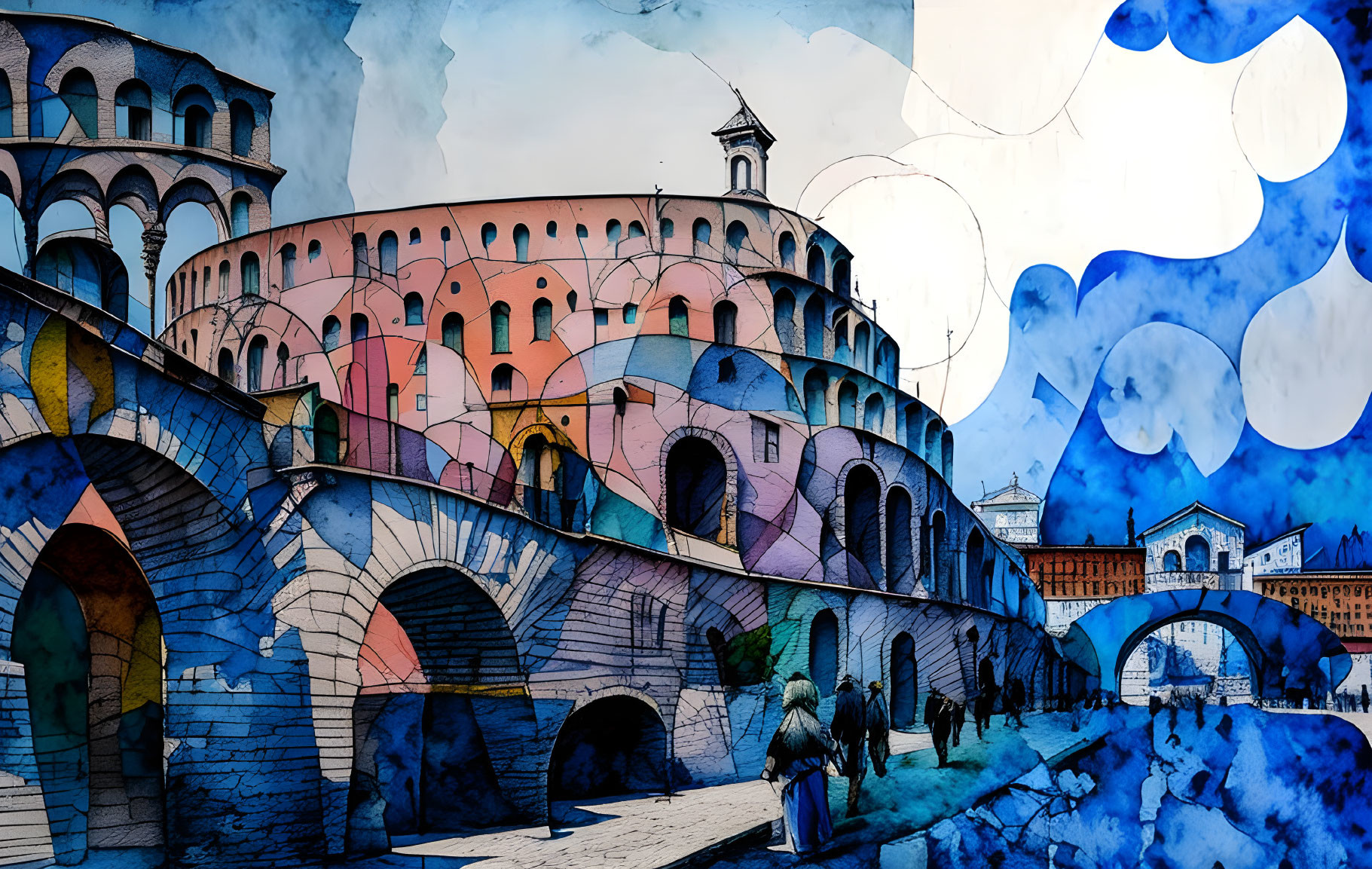 Colorful Historic Cityscape with Abstract Elements and Realistic Details