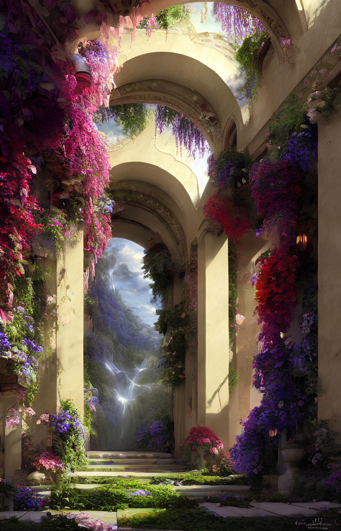 Sunlit Corridor Overgrown with Wisteria and Mountain View