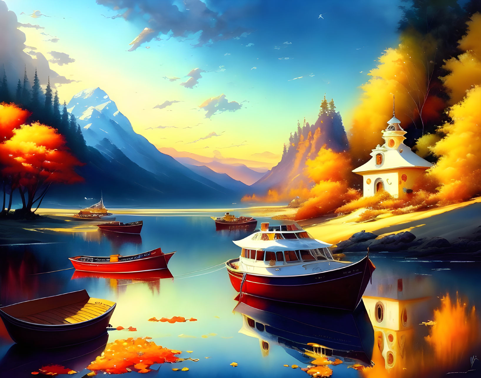 Scenic autumn landscape with boats, chapel, fall foliage, and mountains at sunset