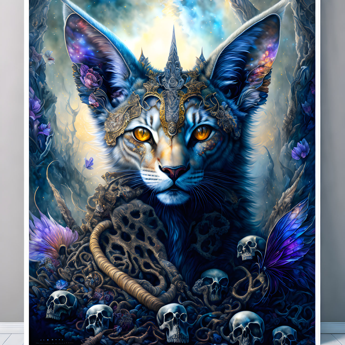 Fantasy illustration of mystical feline with yellow eyes and ornate headpiece