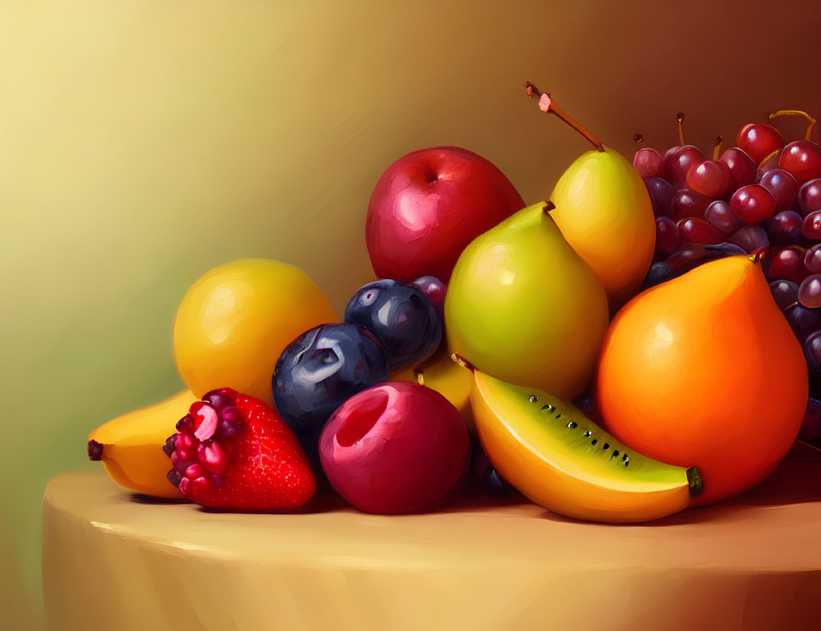 Colorful still life painting of assorted fruits on draped table