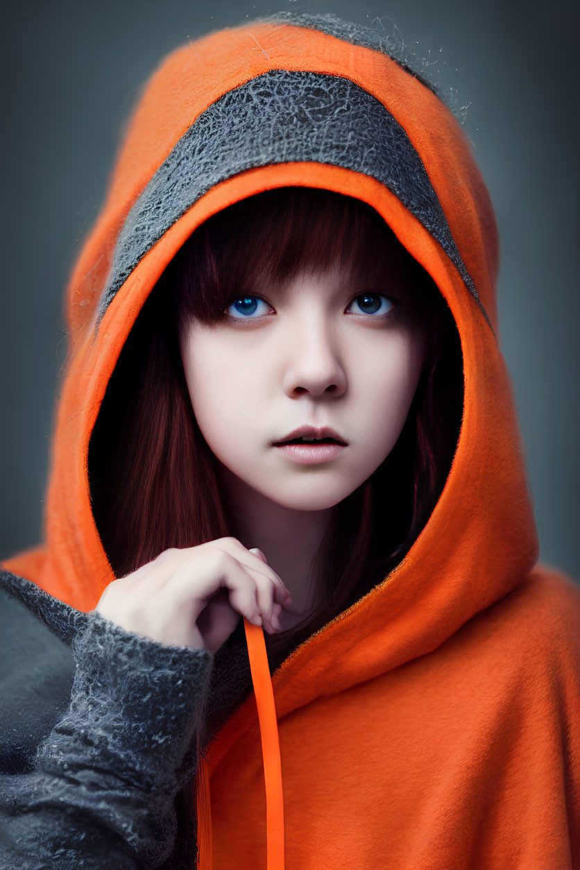 Blue-eyed person in orange hooded garment with grey lining