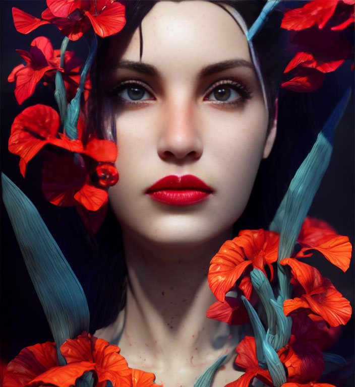 Woman with Red Lips Surrounded by Flowers and Intense Eyes