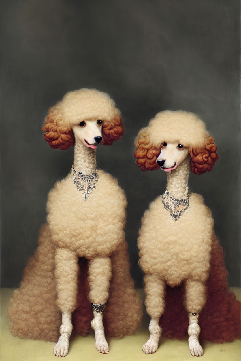 Elegant poodles in pearls pose against muted background