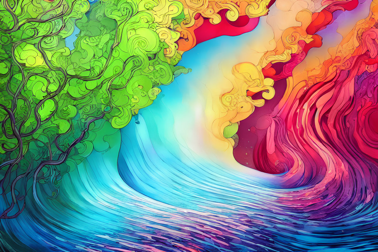 Colorful Abstract Illustration with Wavy Patterns and Tree-Like Designs