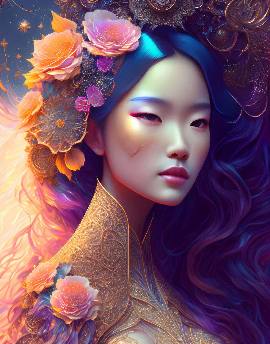 Vibrant digital portrait of woman with blue hair and floral accessories