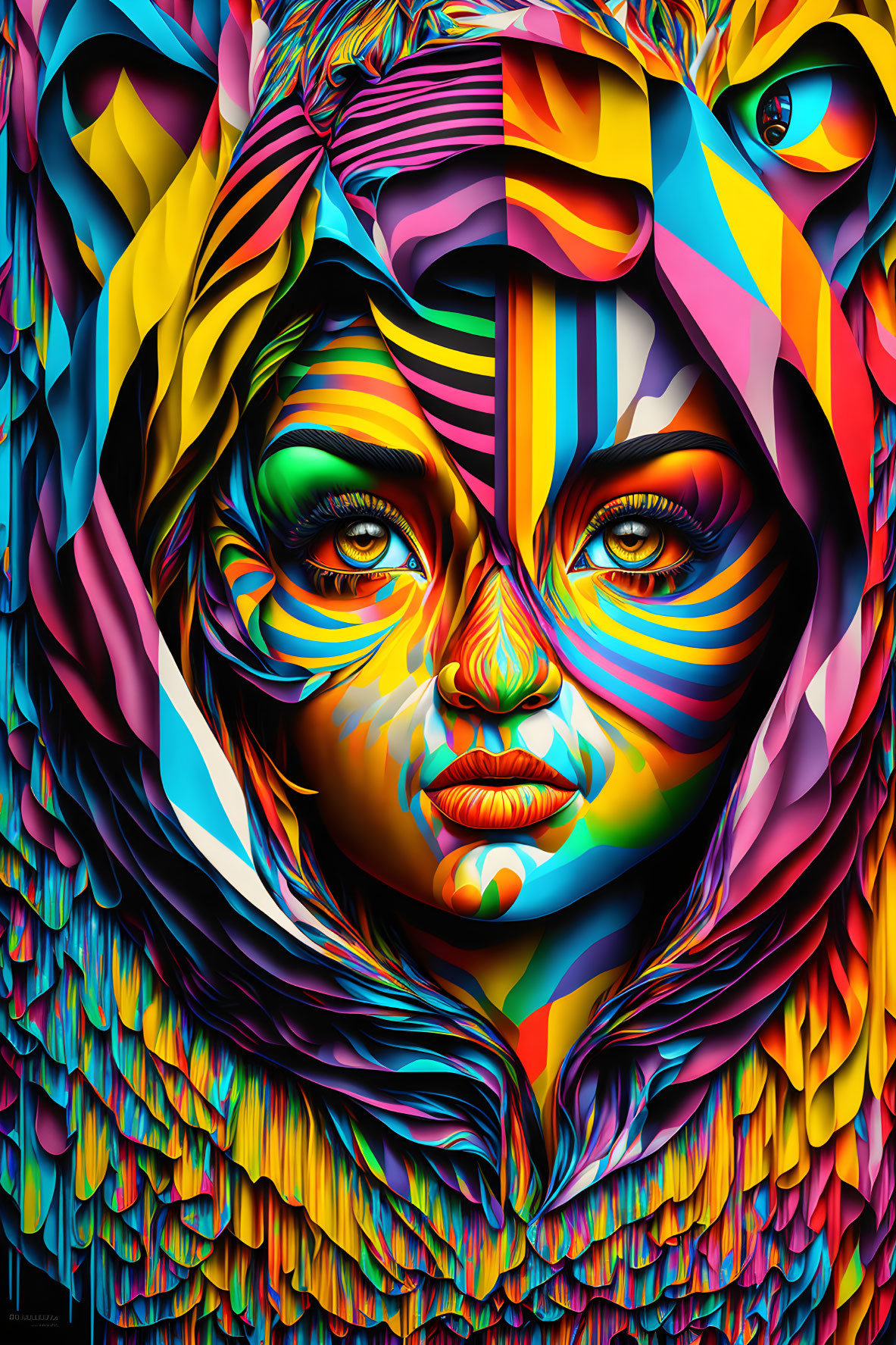 Colorful digital artwork: Woman's face merges with abstract animalistic features, bold stripes.