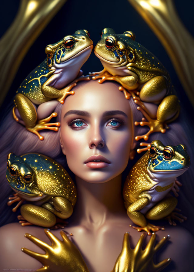 Woman surrounded by golden frogs in dark background