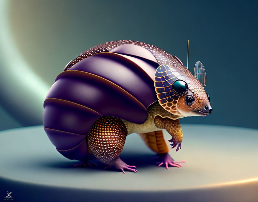 Fantastical creature art: Armadillo-beetle fusion with purple shell and antenna