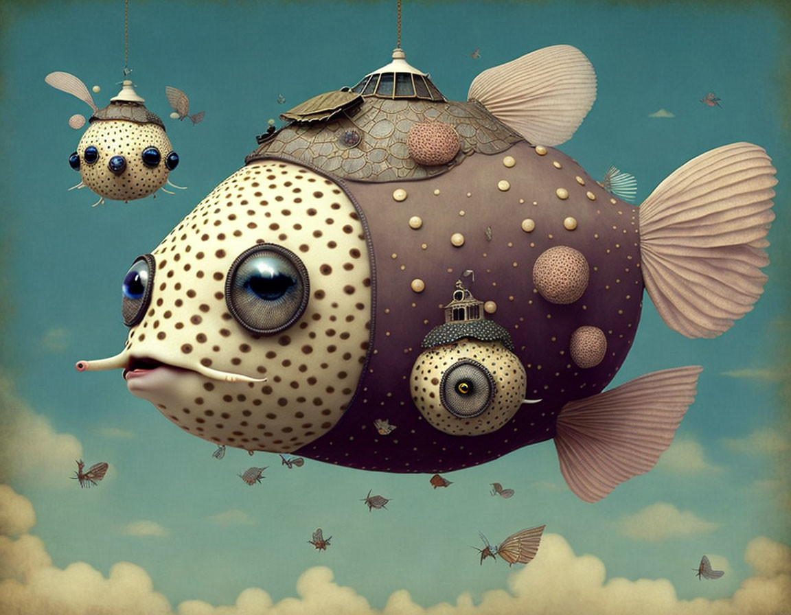 Surreal large fish with airship patterns among smaller fish and butterflies under cloudy sky