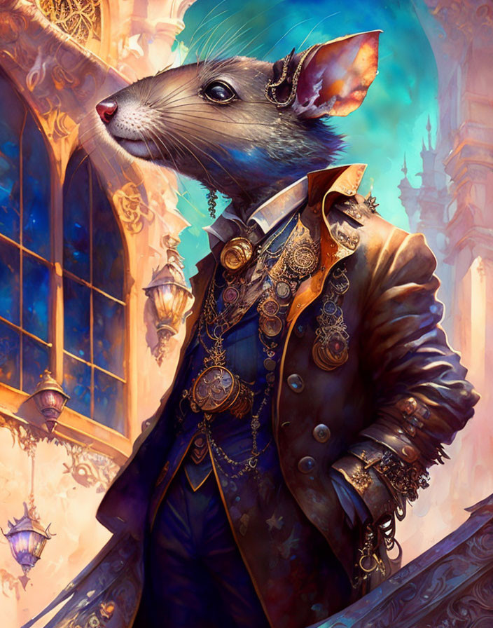 Anthropomorphic rat in Victorian jacket in fantasy castle.