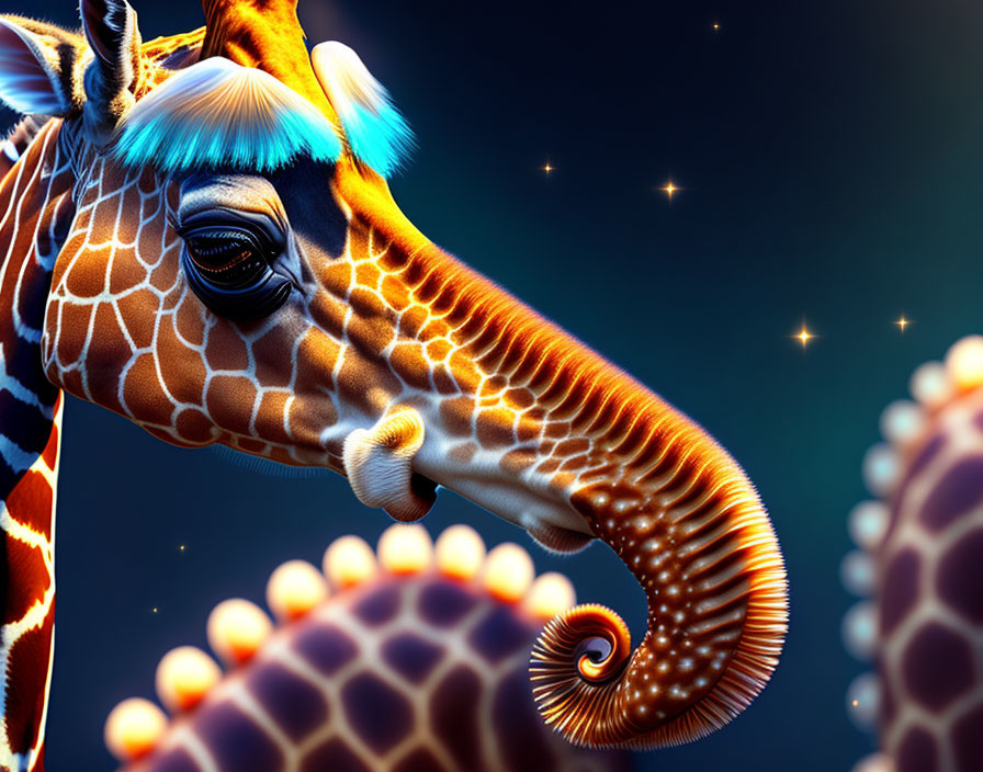 Surreal giraffe with octopus tentacle neck on starry backdrop