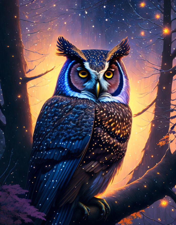 Majestic owl perched in twilight forest with snow