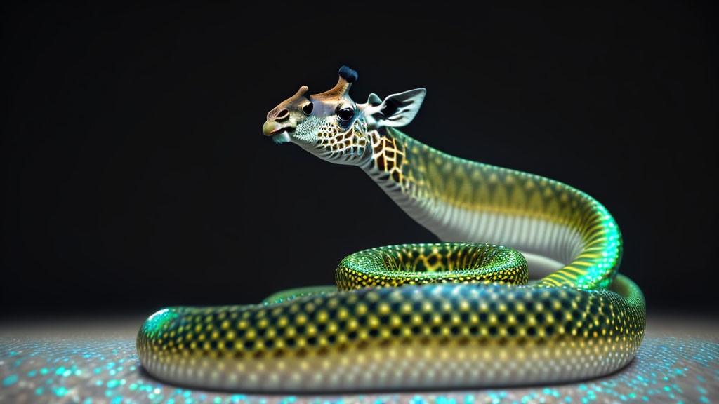 Surreal giraffe-headed creature on dark background with blue floor