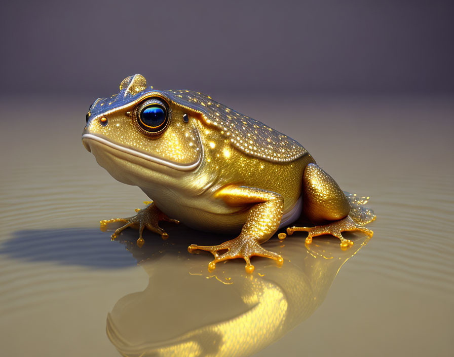 Golden Frog Reflecting Shadow and Reflection on Smooth Surface