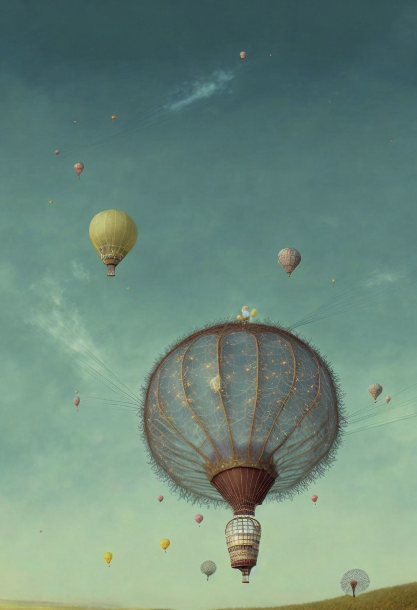 Surreal hot air balloons in clear sky, one like dandelion seed.