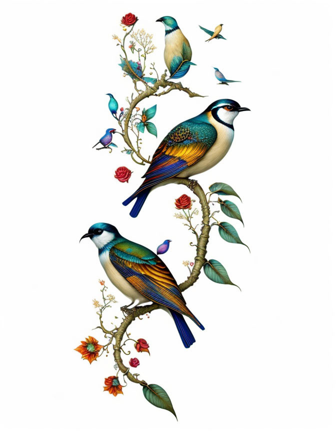 Colorful Birds on Flowering Vine with Roses and Flowers on White Background