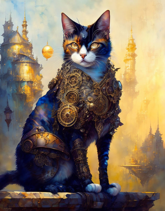 Steampunk armored cat with golden orb in fantastical cityscape