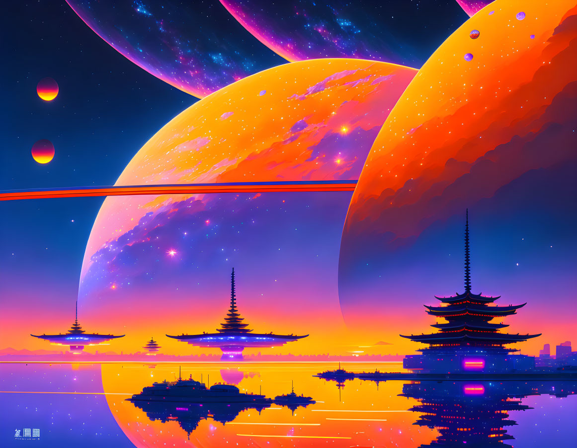 Sci-fi landscape with Japanese pagodas and celestial bodies reflected in purple water