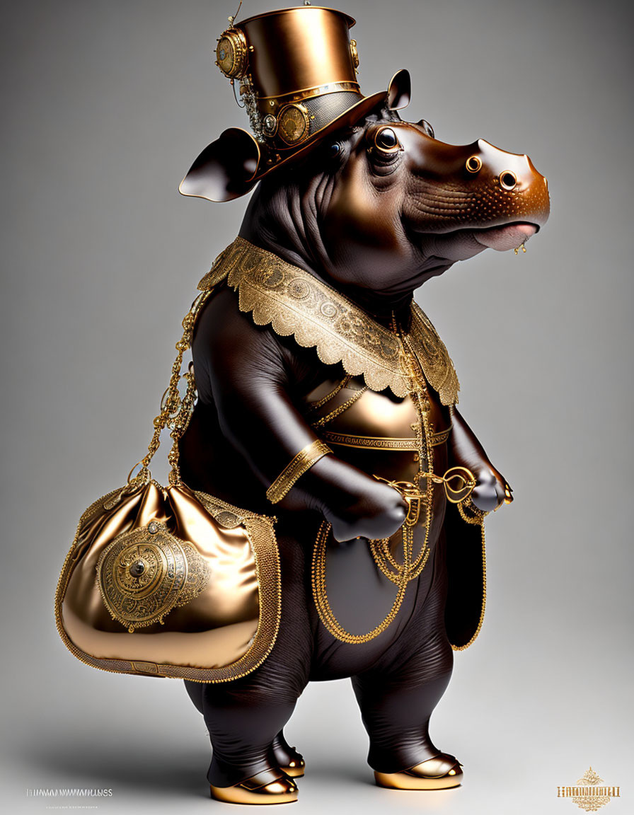 Steampunk-dressed hippopotamus with top hat and monocle holding golden handbag on gray