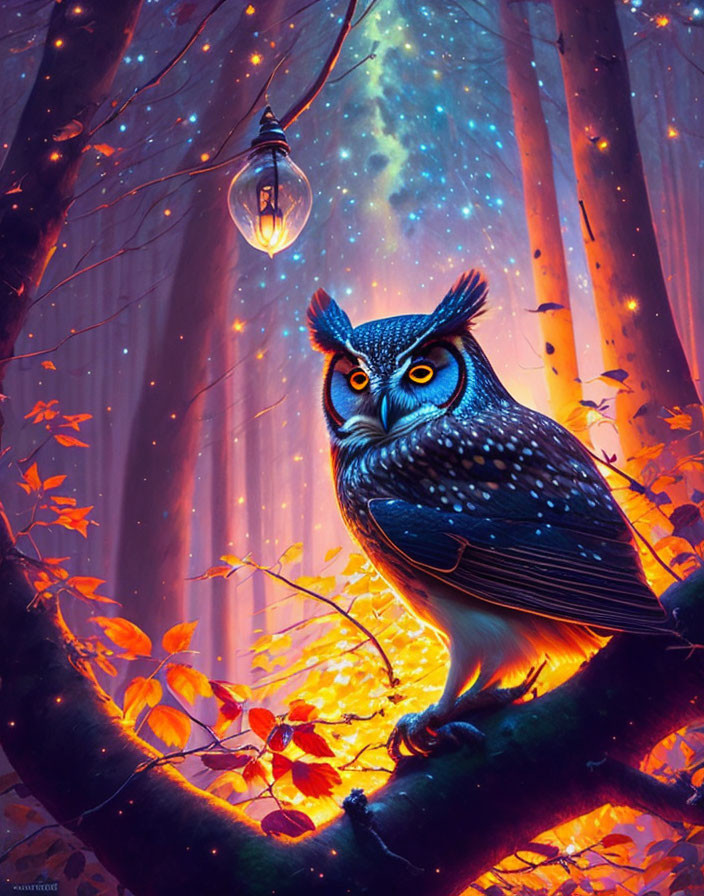 Illustrated owl on branch in enchanting forest with glowing blue hues and hanging light bulb among autumn leaves