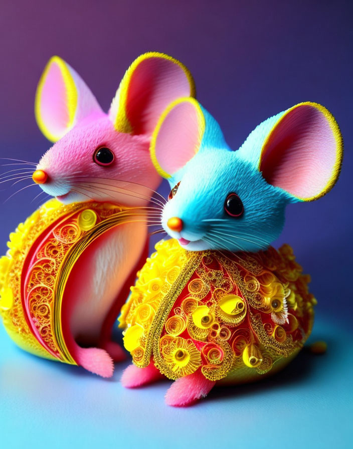 Colorful Toy Mice with Yellow Patterns on Blue-Purple Background