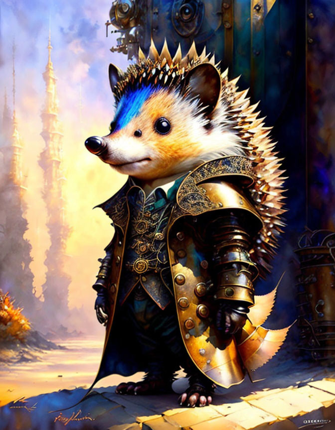 Regal armored hedgehog in crown against fantasy backdrop