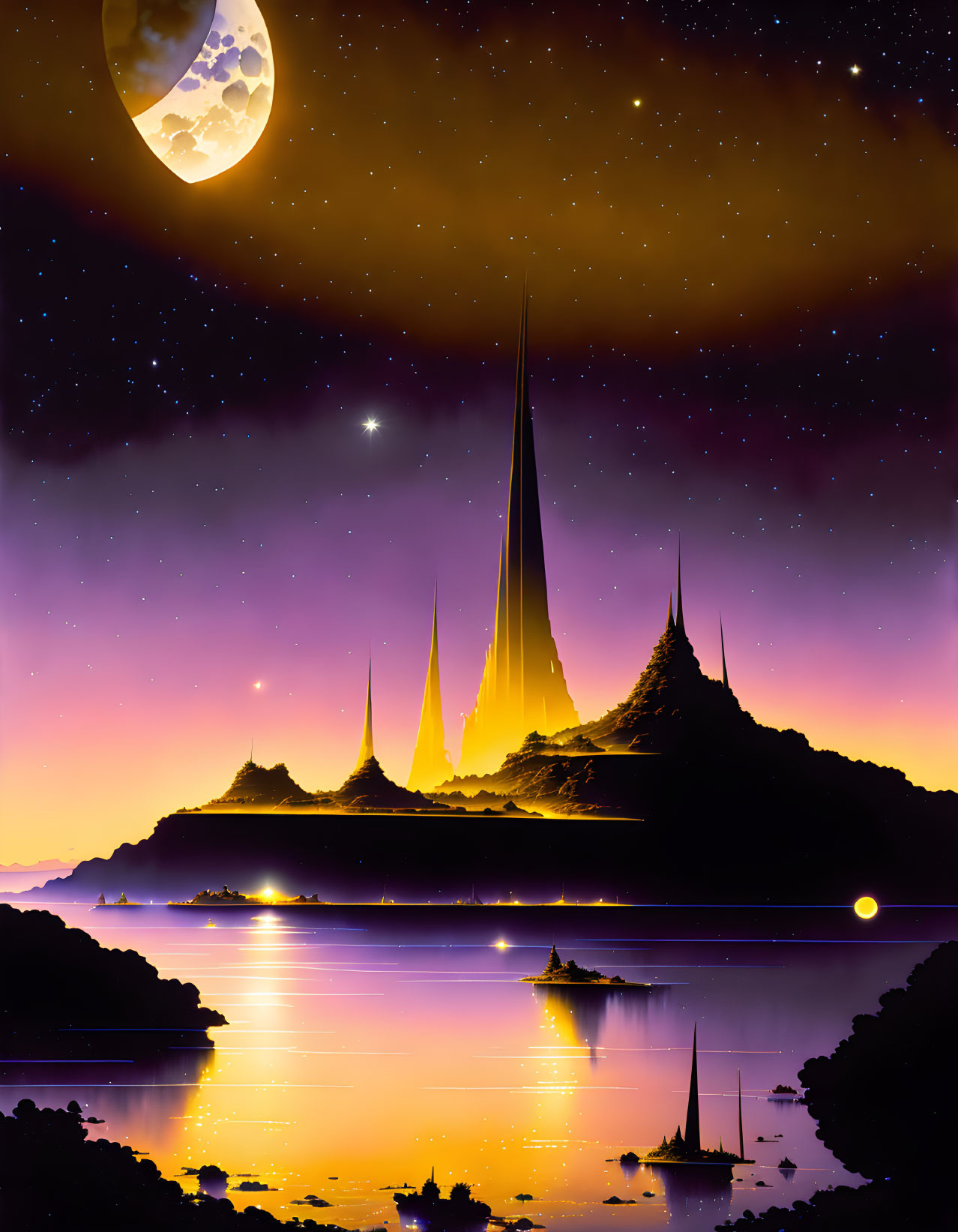 Fantasy landscape at night: spire-like mountains, starry sky, crescent moon, tranquil