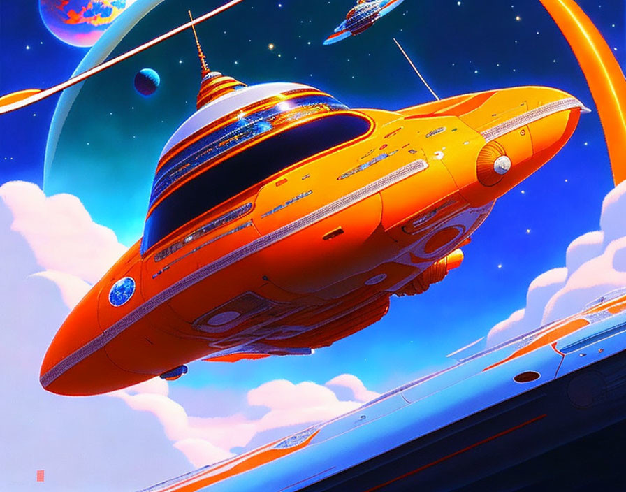 Futuristic orange spaceship cruising in celestial landscape