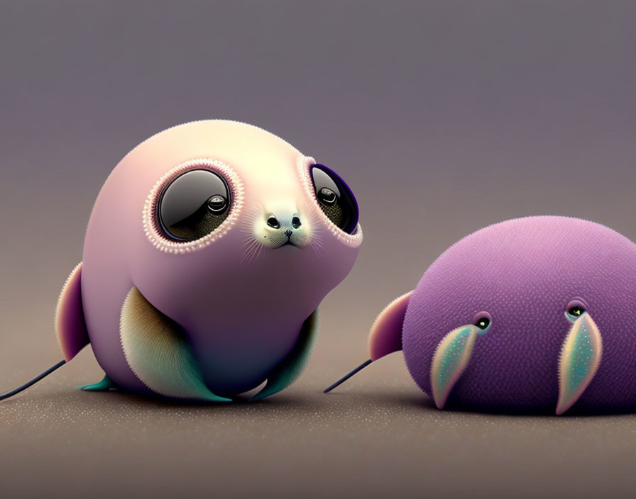 Stylized pink and purple cartoon creatures with large eyes sitting closely